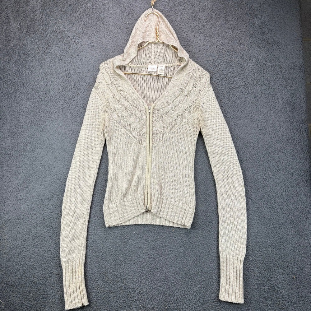 Daytrip Womens Beige Metallic Cable Knit Zip Up Hooded Sweater Size M 7325